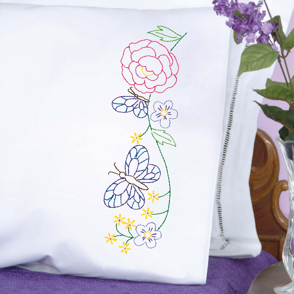 Flowers & Butterflies Perle Edge Pillowcases - Jack Dempsey Needle Art