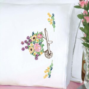 Wheelbarrow of flowers lace edge pillowcase