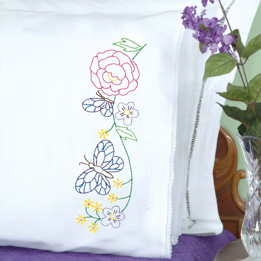 Flowers & Butterflies Lace Edge Pillowcases - Jack Dempsey Needle Art