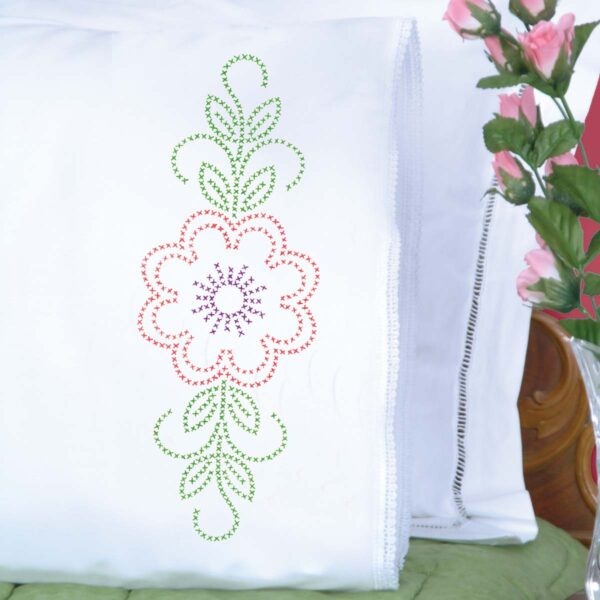 Cross stitch floral design lace edge pillowcases