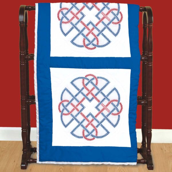 red and blue celtic knot quilt blocks